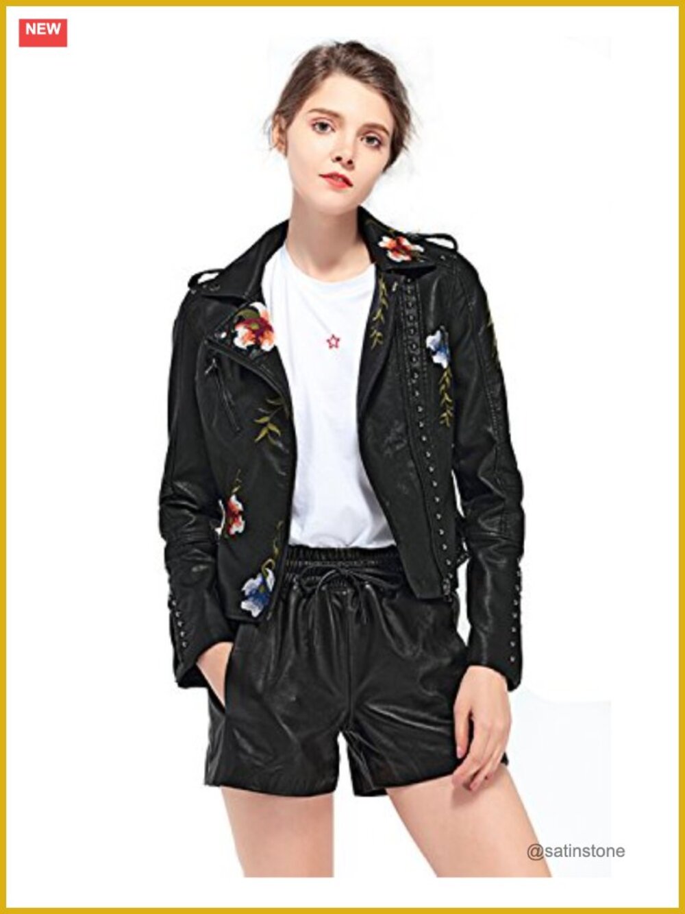 Floral Embroidered Faux Leather Moto Jacket Zipper PU